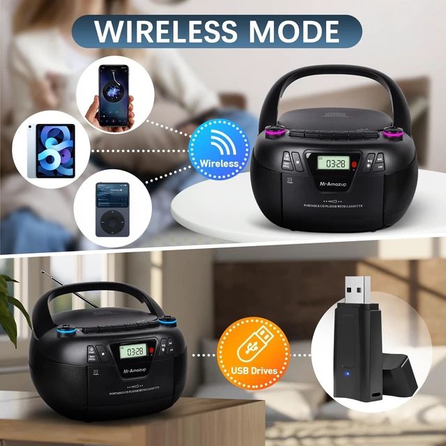 Alt view image 5 of 7 - Boombox CD Player Portable Cassette Player with CD MP3 Bluetooth AUX TF/USB AM/FM Radio AC/DC Powered with Remote Control, Headphone Jack, Stereo Sound for Home,Kids,Gift(Black)