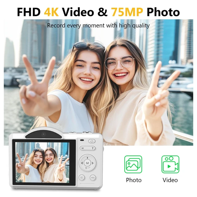Alt view image 3 of 7 - 4K Digital Camera for Photography, Vlogging Cameras for YouTube with WiFi, Autofocus Touchscreen Point and Shoot Digital Camera for Beginner with 16X Zoom, 32GB Card, 2 Batteries, White