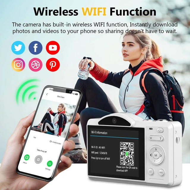 Alt view image 4 of 7 - 4K Digital Camera for Photography, Vlogging Cameras for YouTube with WiFi, Autofocus Touchscreen Point and Shoot Digital Camera for Beginner with 16X Zoom, 32GB Card, 2 Batteries, White