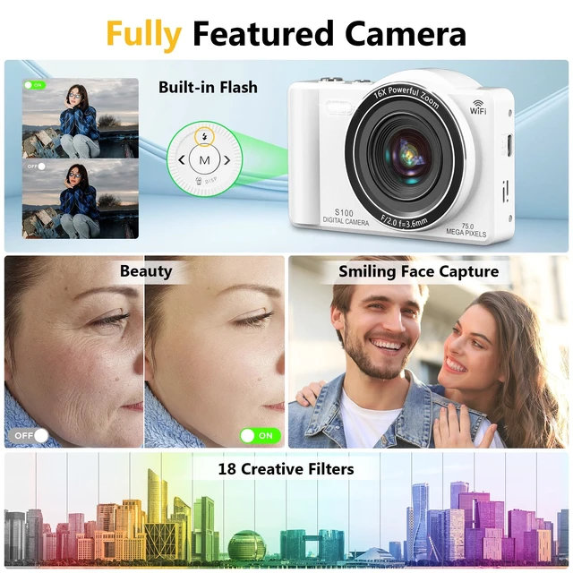 Alt view image 7 of 7 - 4K Digital Camera for Photography, Vlogging Cameras for YouTube with WiFi, Autofocus Touchscreen Point and Shoot Digital Camera for Beginner with 16X Zoom, 32GB Card, 2 Batteries, White
