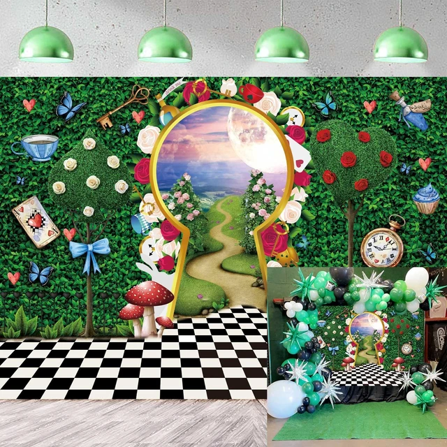 Main image of Wonderland Backdrop for Photography Wonderland Tea Party Decorations 10x8FT Fairy Tale Castle Rabbit Green Leaf Birthday Background for Kids Baby Shower Newborn Portrait Photo Props