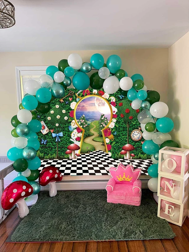 Alt view image 3 of 7 - Wonderland Backdrop for Photography Wonderland Tea Party Decorations 10x8FT Fairy Tale Castle Rabbit Green Leaf Birthday Background for Kids Baby Shower Newborn Portrait Photo Props
