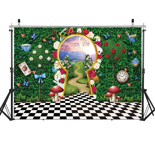 Alt view image 2 of 7 - Wonderland Backdrop for Photography Wonderland Tea Party Decorations 10x8FT Fairy Tale Castle Rabbit Green Leaf Birthday Background for Kids Baby Shower Newborn Portrait Photo Props