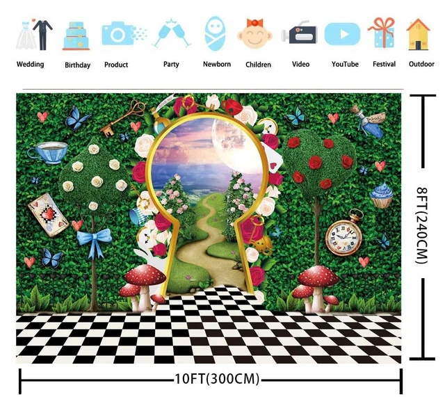 Alt view image 6 of 7 - Wonderland Backdrop for Photography Wonderland Tea Party Decorations 10x8FT Fairy Tale Castle Rabbit Green Leaf Birthday Background for Kids Baby Shower Newborn Portrait Photo Props