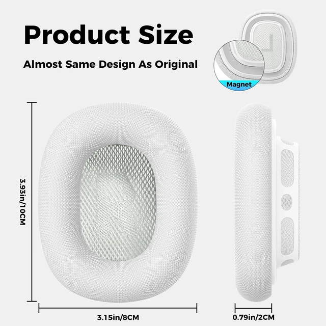 Alt view image 6 of 7 - Ear Cushions for AirPods Max, Replacement Ear Pads (Grayish White) Durable Mesh Fabric, Soft Foam Earpads, Cutouts Fit for Sensor, Replacement Ear Covers Cups with Magnet for Apple AirPod Max