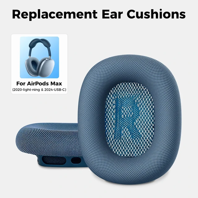 Alt view image 2 of 7 - Ear Cushions for AirPods Max, Replacement Ear Pads (Blue) Durable Mesh Fabric, Soft Foam Earpads, Cutouts Fit for Sensor, Replacement Ear Covers Cups with Magnet for Apple AirPod Max