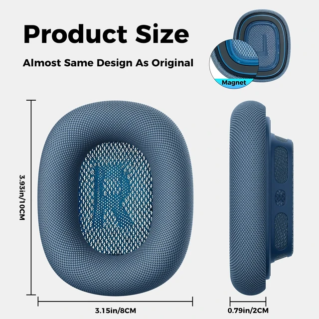 Alt view image 6 of 7 - Ear Cushions for AirPods Max, Replacement Ear Pads (Blue) Durable Mesh Fabric, Soft Foam Earpads, Cutouts Fit for Sensor, Replacement Ear Covers Cups with Magnet for Apple AirPod Max