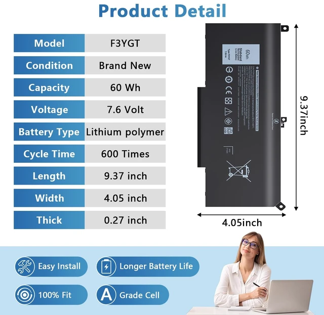 Alt view image 3 of 6 - 60Wh F3YGT Laptop Battery Compatible with Dell Latitude 12 7000 7280 7290 13 7380 7390 P29S002 14 7480 7490 P73G002 E7480 E7280 E7290 DM3WC DM6WC 2X39G