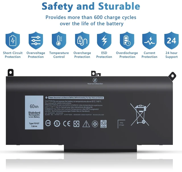 Alt view image 4 of 6 - 60Wh F3YGT Laptop Battery Compatible with Dell Latitude 12 7000 7280 7290 13 7380 7390 P29S002 14 7480 7490 P73G002 E7480 E7280 E7290 DM3WC DM6WC 2X39G
