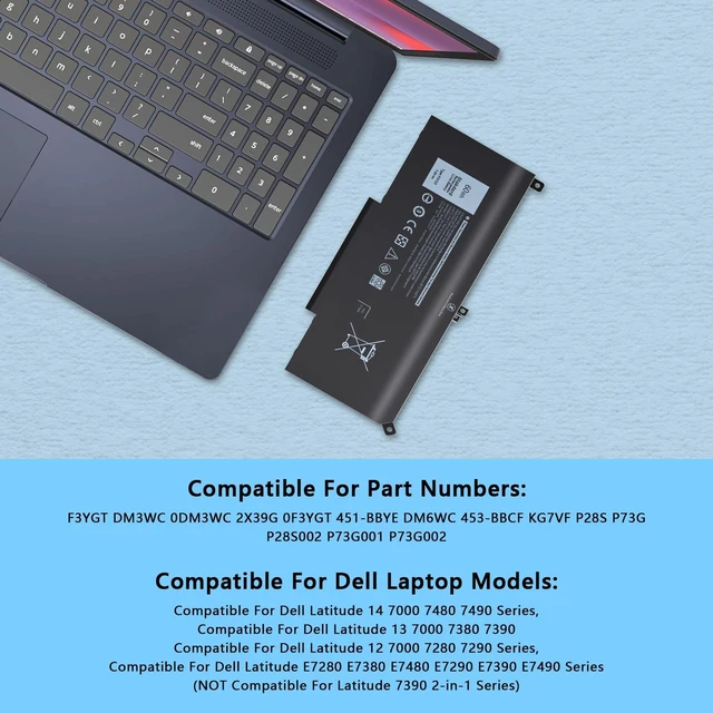 Alt view image 6 of 6 - 60Wh F3YGT Laptop Battery Compatible with Dell Latitude 12 7000 7280 7290 13 7380 7390 P29S002 14 7480 7490 P73G002 E7480 E7280 E7290 DM3WC DM6WC 2X39G