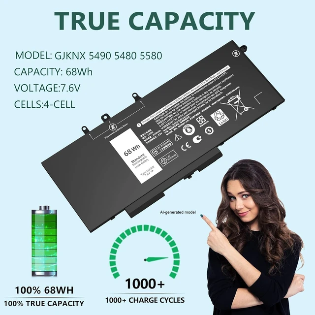 Alt view image 2 of 7 - GJKNX Laptop Battery Replacement for Dell Latitude 5480 5580 5280 5288 5488 5590 5591 5490 5491 5495 E5480 E5580 E5490 E5590 Precision 15 3520 3530 Series GD1JP 0GD1JP DY9NT 5YHR4 451-BBZG 68WH 7.6V