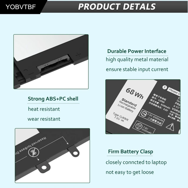 Alt view image 3 of 7 - GJKNX Laptop Battery Replacement for Dell Latitude 5480 5580 5280 5288 5488 5590 5591 5490 5491 5495 E5480 E5580 E5490 E5590 Precision 15 3520 3530 Series GD1JP 0GD1JP DY9NT 5YHR4 451-BBZG 68WH 7.6V