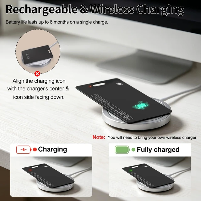 Alt view image 5 of 7 - 2 Pack Wallet Tracker Card for Apple & Android, Tracking Card for Backpacks IP67 Waterproof Rechargeable, 160ft Range, Tracking Card, Anti-Lost Locator for Luggage Backpack Travel, Wireless Charging