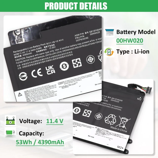 Alt view image 2 of 7 - 00HW020 Battery Replacement for Lenovo ThinkPad Yoga 460 20EL 20EM For P40 Yoga 20GQ 20GR Yoga 14 20FY 20DM000VUS 20FY0002US S3 Yoga 14 Series, SB10F46458 SB10F46459 00HW021, 11.4V 53Wh