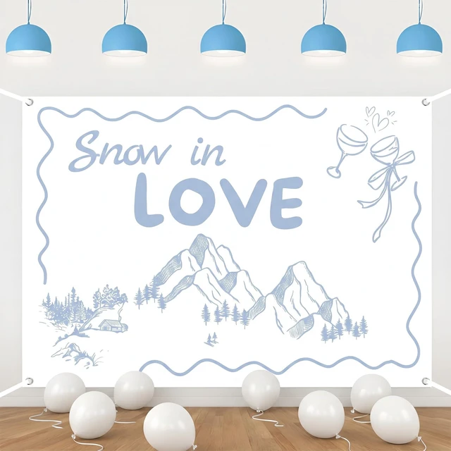 Main image of Snow in Love Backdrop 5×3 ft Winter Bride Shower Decorations Winter Mountain Wine Glass Backdrop, Wedding Engagement Photo Booth Wall Hanging Background Cloth, Durable Polyester