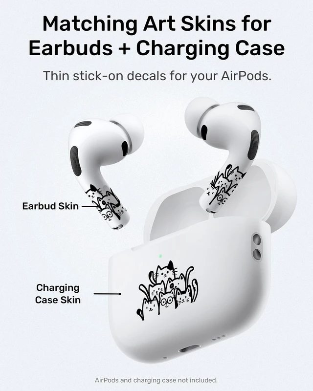 Alt view image 2 of 7 - for Black AirPods Cat Skin Set, Earbud + Charging Case Stickers with Applicator & Spare, Universal Fit for AirPods 5/4/3/2/1 & Pro/Pro 2/Pro 3, Sweat-Resistant, Removable