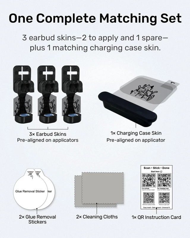 Alt view image 3 of 7 - for Black AirPods Cat Skin Set, Earbud + Charging Case Stickers with Applicator & Spare, Universal Fit for AirPods 5/4/3/2/1 & Pro/Pro 2/Pro 3, Sweat-Resistant, Removable
