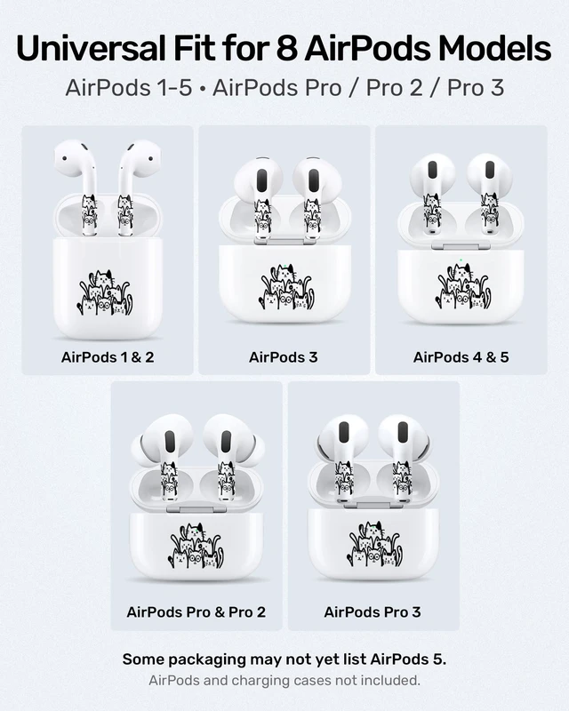 Alt view image 4 of 7 - for Black AirPods Cat Skin Set, Earbud + Charging Case Stickers with Applicator & Spare, Universal Fit for AirPods 5/4/3/2/1 & Pro/Pro 2/Pro 3, Sweat-Resistant, Removable