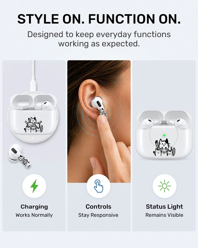 Alt view image 6 of 7 - for Black AirPods Cat Skin Set, Earbud + Charging Case Stickers with Applicator & Spare, Universal Fit for AirPods 5/4/3/2/1 & Pro/Pro 2/Pro 3, Sweat-Resistant, Removable