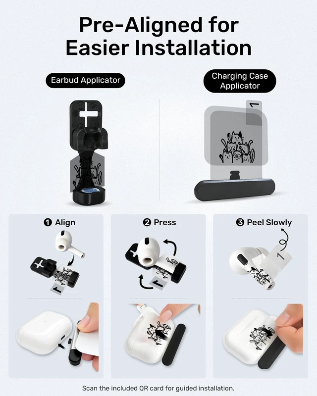 Alt view image 5 of 7 - for Black AirPods Cat Skin Set, Earbud + Charging Case Stickers with Applicator & Spare, Universal Fit for AirPods 5/4/3/2/1 & Pro/Pro 2/Pro 3, Sweat-Resistant, Removable