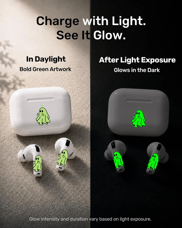 Alt view image 2 of 7 - for AirPods Glow in the Dark Skin Set, Spooky Ghost Earbud + Charging Case Stickers with Applicator & Spare, Universal Fit for AirPods 5/4/3/2/1 & Pro/Pro 2/Pro 3, Sweat-Resistant, Removable