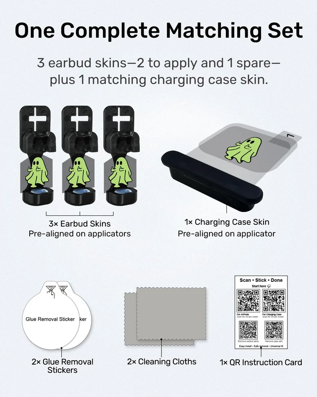 Alt view image 4 of 7 - for AirPods Glow in the Dark Skin Set, Spooky Ghost Earbud + Charging Case Stickers with Applicator & Spare, Universal Fit for AirPods 5/4/3/2/1 & Pro/Pro 2/Pro 3, Sweat-Resistant, Removable