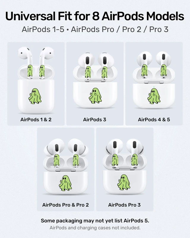 Alt view image 5 of 7 - for AirPods Glow in the Dark Skin Set, Spooky Ghost Earbud + Charging Case Stickers with Applicator & Spare, Universal Fit for AirPods 5/4/3/2/1 & Pro/Pro 2/Pro 3, Sweat-Resistant, Removable