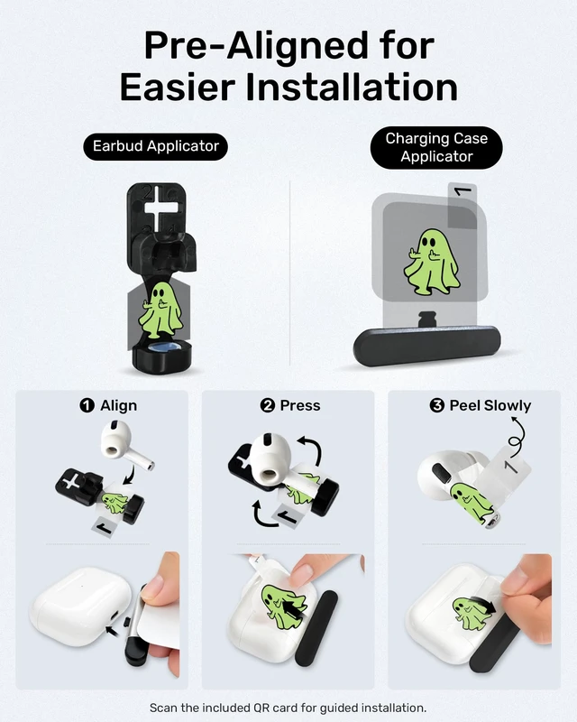 Alt view image 6 of 7 - for AirPods Glow in the Dark Skin Set, Spooky Ghost Earbud + Charging Case Stickers with Applicator & Spare, Universal Fit for AirPods 5/4/3/2/1 & Pro/Pro 2/Pro 3, Sweat-Resistant, Removable