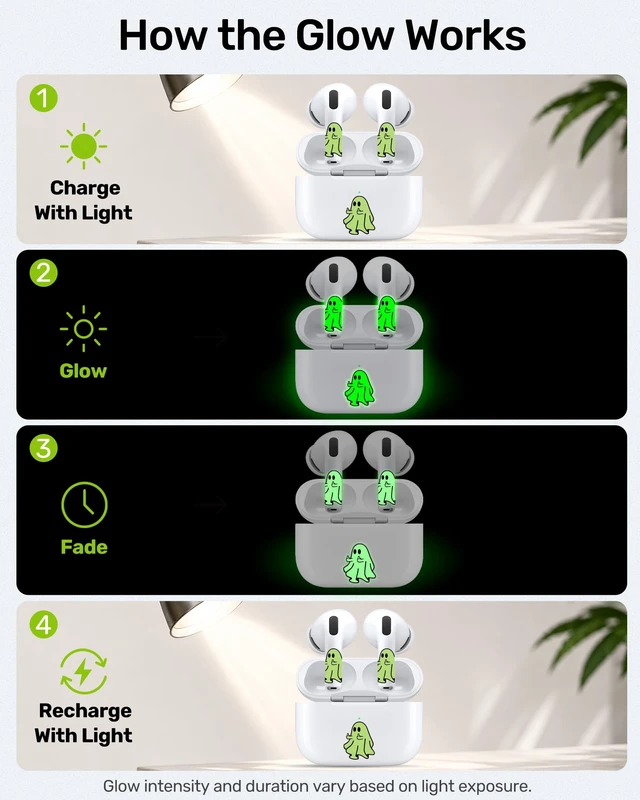 Alt view image 7 of 7 - for AirPods Glow in the Dark Skin Set, Spooky Ghost Earbud + Charging Case Stickers with Applicator & Spare, Universal Fit for AirPods 5/4/3/2/1 & Pro/Pro 2/Pro 3, Sweat-Resistant, Removable