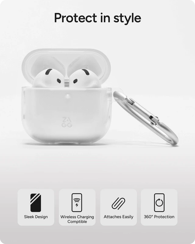 Alt view image 2 of 7 - Case with Carabiner for AirPods 4 Wireless Charging Compatible Protective Cover 360° Drop, Dust & Scratch Protection, Durable Silicone Design, Clear