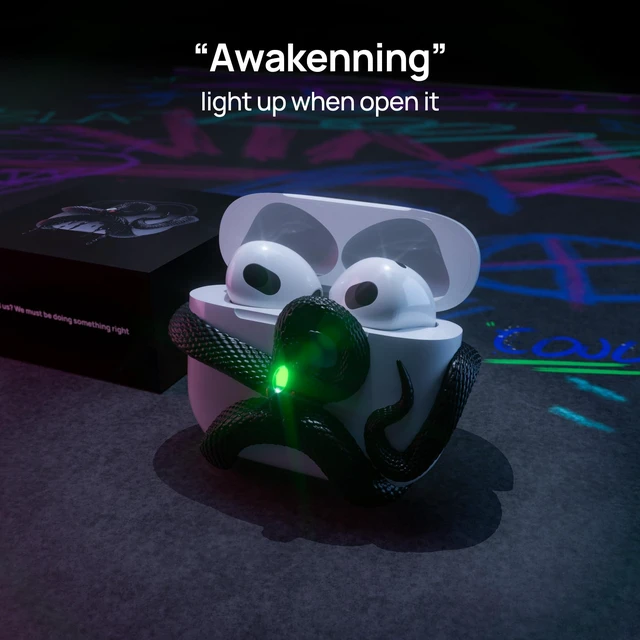 Alt view image 3 of 7 - The Snake Case Decorative Compatible with AirPods 4 Generation. Creative Aesthetic 3D Snake Case, Gemstone Light-Up Head, Detail Sculpting, Compatible with AirPods 4 th, Mystery Black