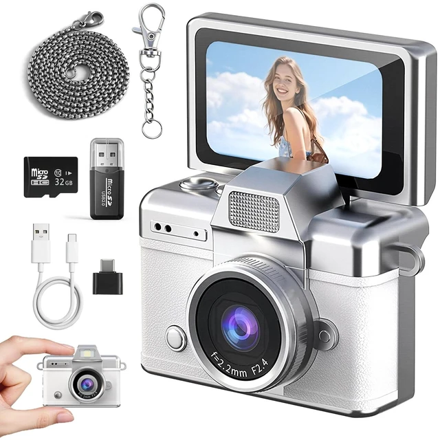 Main image of Mini Keychain Camera HD Video Ultra-Compact Retro Digital Camera with 32GB SD Card USB Card Reader Adapter Portable Tiny Camera for Travel,Study,Daily VloggingWhite