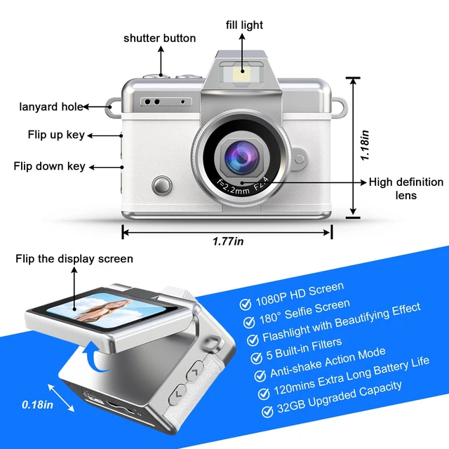 Alt view image 2 of 7 - Mini Keychain Camera HD Video Ultra-Compact Retro Digital Camera with 32GB SD Card USB Card Reader Adapter Portable Tiny Camera for Travel,Study,Daily VloggingWhite