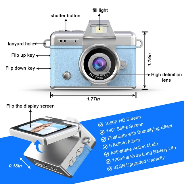 Alt view image 2 of 7 - Mini Keychain Camera HD Video Ultra-Compact Retro Digital Camera with 32GB SD Card USB Card Reader Adapter Portable Tiny Camera for Travel, Study, Daily Vlogging (Blue)