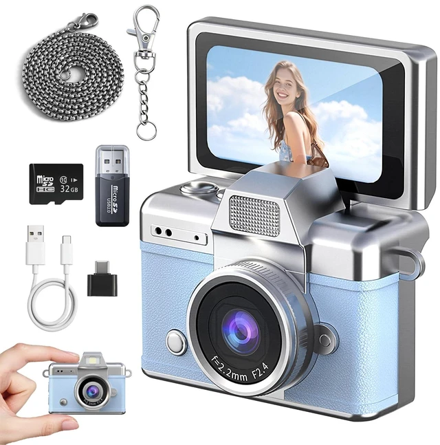 Main image of Mini Keychain Camera HD Video Ultra-Compact Retro Digital Camera with 32GB SD Card USB Card Reader Adapter Portable Tiny Camera for Travel, Study, Daily Vlogging (Blue)