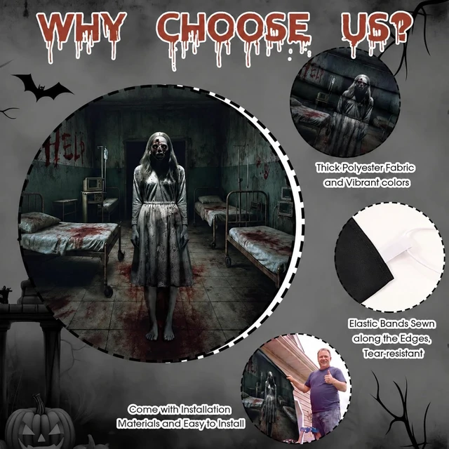 Alt view image 3 of 7 - 7 x 9 ft Halloween Garage Door Cover Ghost, Horror Hospital Garage Decoration, for Single or Double Garage Door, Haunted House Garage, Halloween Horror Decor