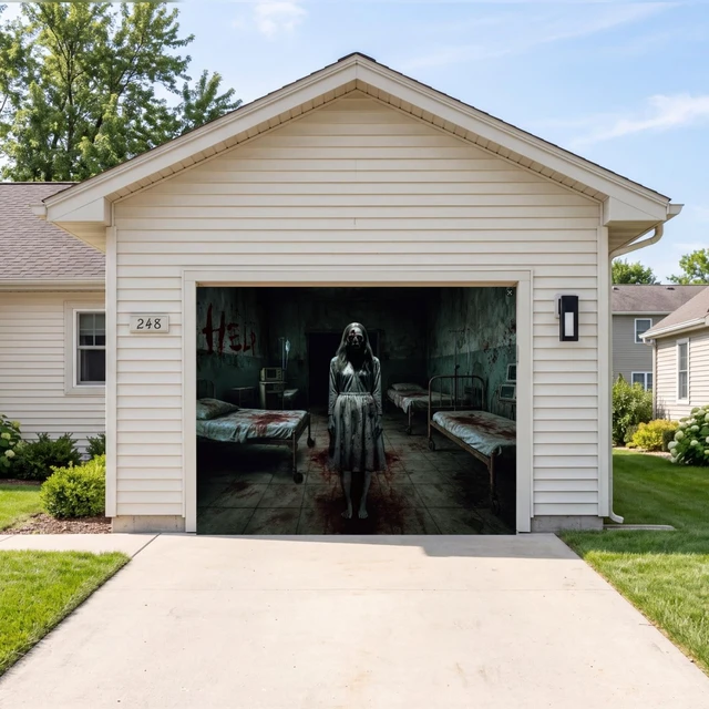 Alt view image 7 of 7 - 7 x 9 ft Halloween Garage Door Cover Ghost, Horror Hospital Garage Decoration, for Single or Double Garage Door, Haunted House Garage, Halloween Horror Decor