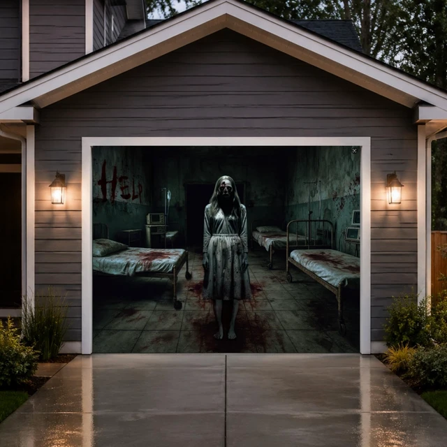 Alt view image 6 of 7 - 7 x 9 ft Halloween Garage Door Cover Ghost, Horror Hospital Garage Decoration, for Single or Double Garage Door, Haunted House Garage, Halloween Horror Decor
