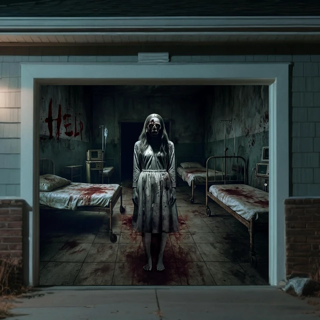 Alt view image 4 of 7 - 7 x 9 ft Halloween Garage Door Cover Ghost, Horror Hospital Garage Decoration, for Single or Double Garage Door, Haunted House Garage, Halloween Horror Decor