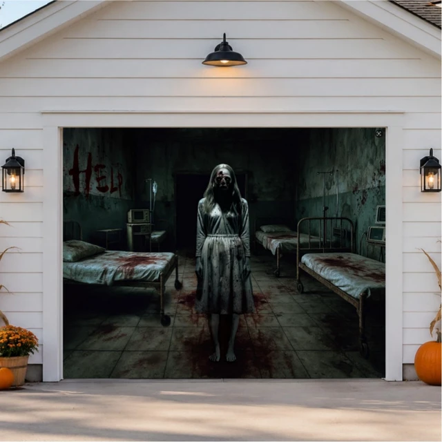 Alt view image 5 of 7 - 7 x 9 ft Halloween Garage Door Cover Ghost, Horror Hospital Garage Decoration, for Single or Double Garage Door, Haunted House Garage, Halloween Horror Decor