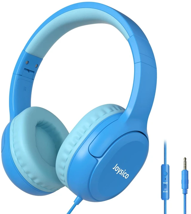 Main image of Kids Headphones Earphones w Cord & Mic for School Class Plane Travel Blue 85/94dB Volume Limit, Wired Over Ear Foldable Durable Comfortable Design, For iPad Tablet Kindle Laptop PC, Boys Girls Teens