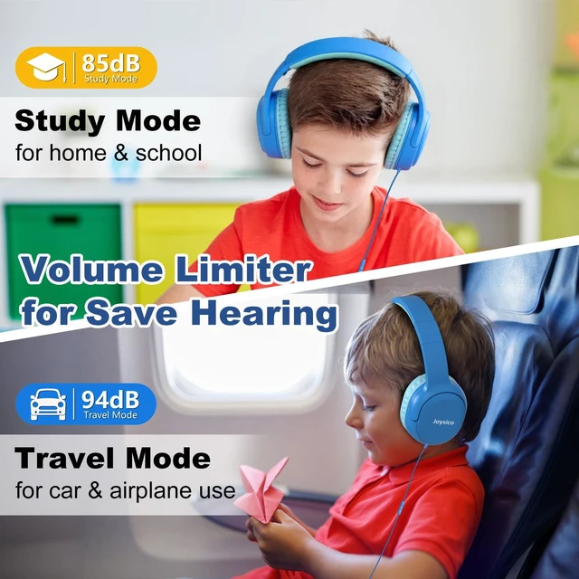 Alt view image 2 of 7 - Kids Headphones Earphones w Cord & Mic for School Class Plane Travel Blue 85/94dB Volume Limit, Wired Over Ear Foldable Durable Comfortable Design, For iPad Tablet Kindle Laptop PC, Boys Girls Teens