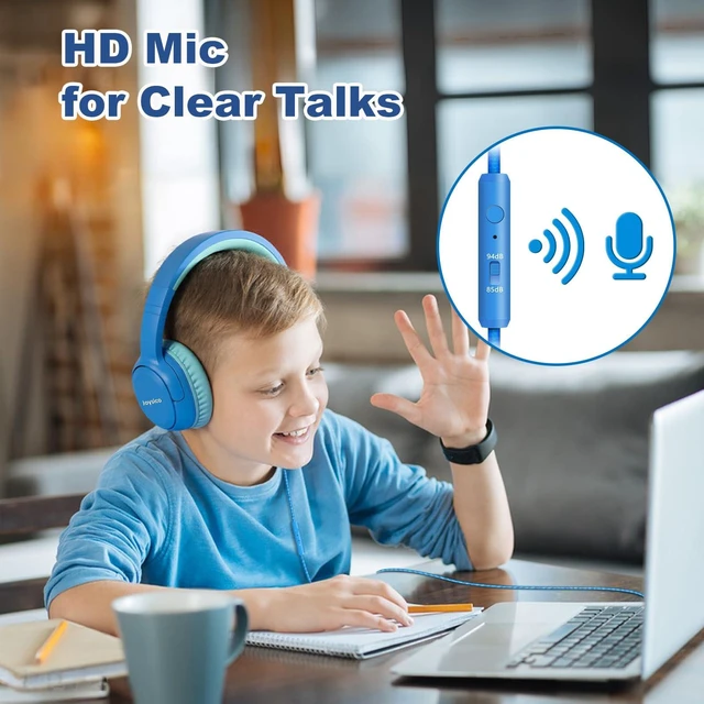 Alt view image 3 of 7 - Kids Headphones Earphones w Cord & Mic for School Class Plane Travel Blue 85/94dB Volume Limit, Wired Over Ear Foldable Durable Comfortable Design, For iPad Tablet Kindle Laptop PC, Boys Girls Teens
