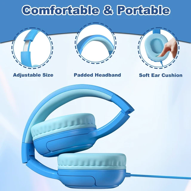 Alt view image 4 of 7 - Kids Headphones Earphones w Cord & Mic for School Class Plane Travel Blue 85/94dB Volume Limit, Wired Over Ear Foldable Durable Comfortable Design, For iPad Tablet Kindle Laptop PC, Boys Girls Teens