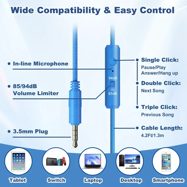 Alt view image 5 of 7 - Kids Headphones Earphones w Cord & Mic for School Class Plane Travel Blue 85/94dB Volume Limit, Wired Over Ear Foldable Durable Comfortable Design, For iPad Tablet Kindle Laptop PC, Boys Girls Teens