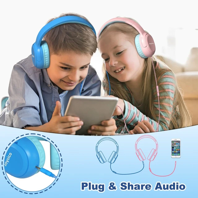 Alt view image 6 of 7 - Kids Headphones Earphones w Cord & Mic for School Class Plane Travel Blue 85/94dB Volume Limit, Wired Over Ear Foldable Durable Comfortable Design, For iPad Tablet Kindle Laptop PC, Boys Girls Teens