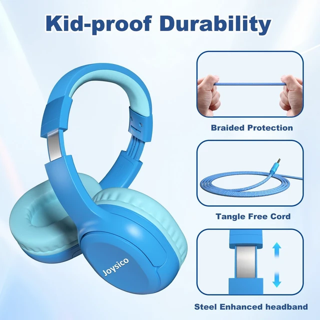 Alt view image 7 of 7 - Kids Headphones Earphones w Cord & Mic for School Class Plane Travel Blue 85/94dB Volume Limit, Wired Over Ear Foldable Durable Comfortable Design, For iPad Tablet Kindle Laptop PC, Boys Girls Teens