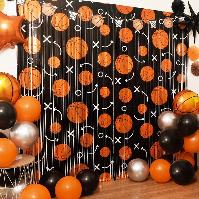Main image of Basketball Party Decorations, 4 Pack Basketball Birthday Party Photo Booth Prop, Black Orange Fringe Curtains Photo Streamers Backdrop for Sport Themed Birthday Party Wall Door Sign Decor