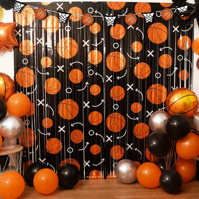Alt view image 2 of 7 - Basketball Party Decorations, 4 Pack Basketball Birthday Party Photo Booth Prop, Black Orange Fringe Curtains Photo Streamers Backdrop for Sport Themed Birthday Party Wall Door Sign Decor