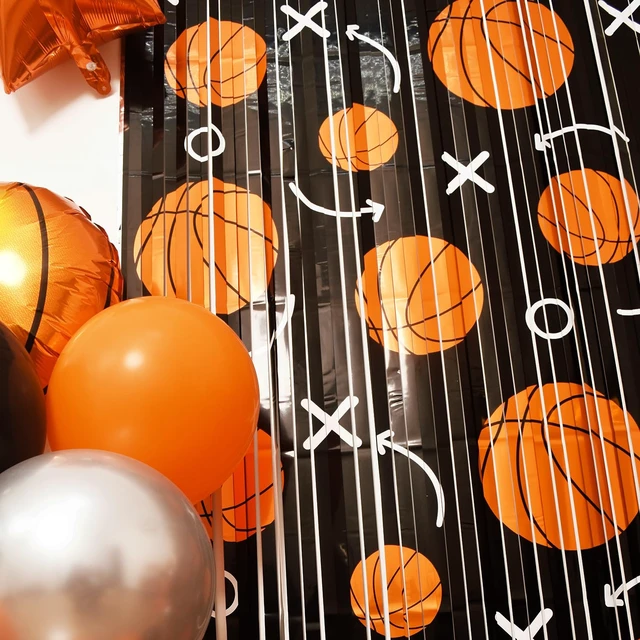 Alt view image 3 of 7 - Basketball Party Decorations, 4 Pack Basketball Birthday Party Photo Booth Prop, Black Orange Fringe Curtains Photo Streamers Backdrop for Sport Themed Birthday Party Wall Door Sign Decor